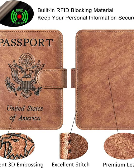 Passport Holder Cover Wallet Travel Essentials Leather Rfid Blocking Case Vacation Luggage Must Haves Travel Accessories for Men Women (120#Brown)