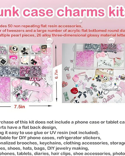 Sutesloly Junk Case Charms Kit, Pink y2k Glitter Phone Case Charm with Storage Box, Kawaii DIY Accessories for Bags, Shoes, Crafts,Cute Bow,Resin Flat Bottomed Drill,Star Letters,Butterfly