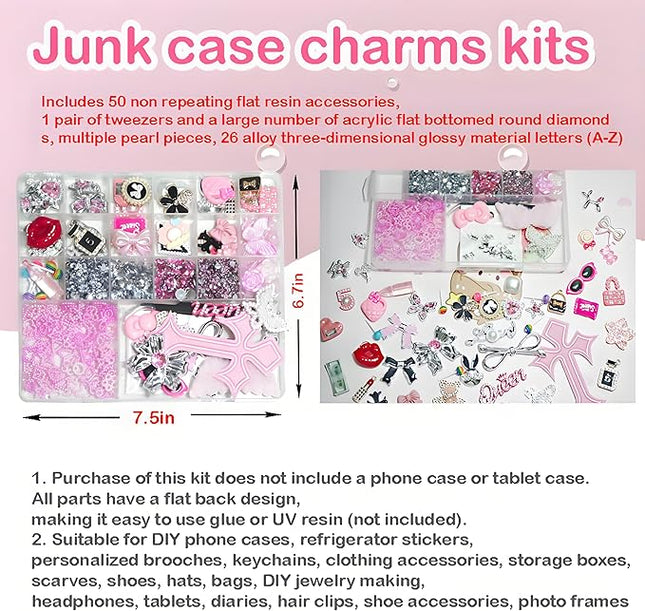 Sutesloly Junk Case Charms Kit, Pink y2k Glitter Phone Case Charm with Storage Box, Kawaii DIY Accessories for Bags, Shoes, Crafts,Cute Bow,Resin Flat Bottomed Drill,Star Letters,Butterfly