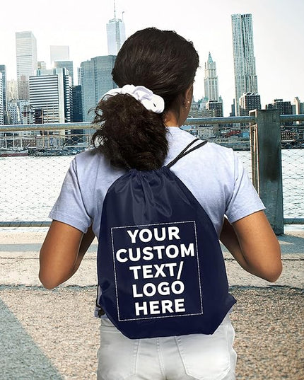 DISCOUNT PROMOS Custom Classic Polyester Drawstring Bagpack Set of 10/50/100, Personalized Bulk Pack - Great for Travelling, Gym and for Everyday Use - Navy Blue