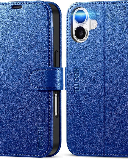 TUCCH Wallet Case for iPhone 16, Kickstand [RFID Blocking] [4 Card Slots] TPU Interior Protective Case, Magnetic Folio Shockproof PU Leather Flip Cover Compatible with iPhone 16 5G, Klein Blue