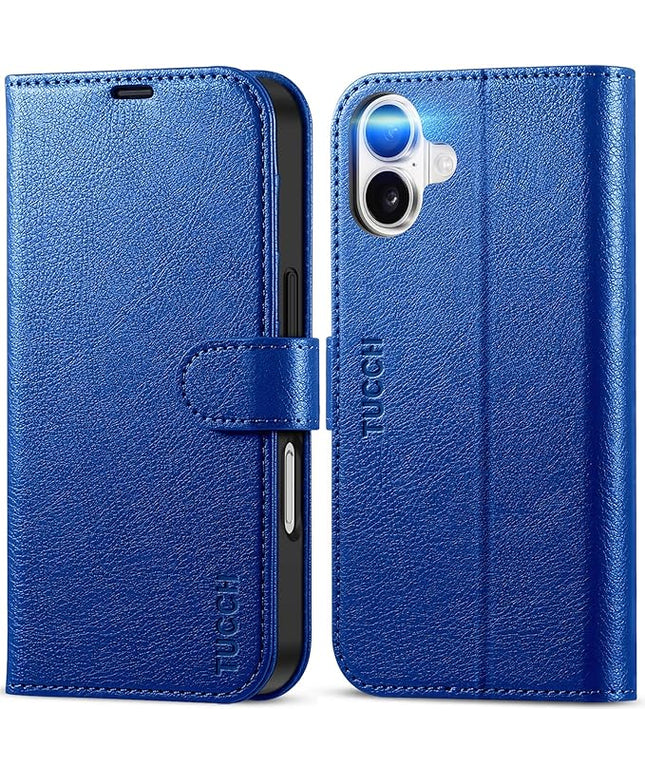 TUCCH Wallet Case for iPhone 16, Kickstand [RFID Blocking] [4 Card Slots] TPU Interior Protective Case, Magnetic Folio Shockproof PU Leather Flip Cover Compatible with iPhone 16 5G, Klein Blue