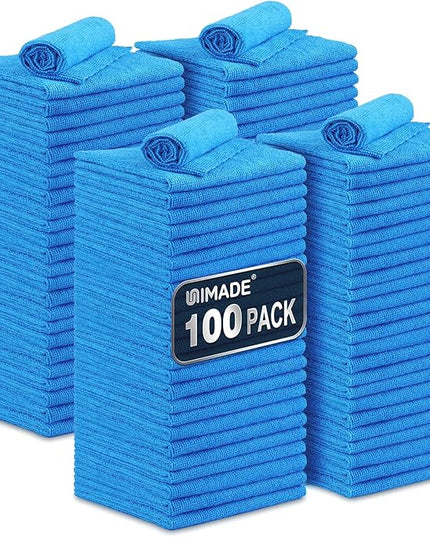 Shop Towels, 100 Pack Commercial Grade Work Rags Microfiber Towels for Cars Cleaning Rags Bulk Detailing Cloth for Automotive Bar Mechanic Restaurant Garage Housekeeping, 11.5"x 11.5", Blue
