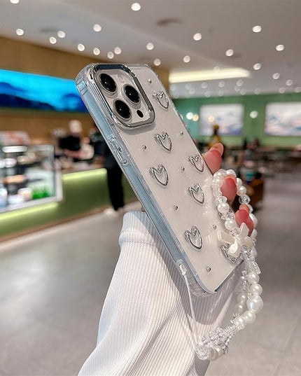 for iPhone 14 Pro Case, [Premium 3D Silver Love Heart Pattern] [Transparent Creative Case] [2-in-1 Beaded Wrist Strap] Soft TPU Shockproof for Women and Girl
