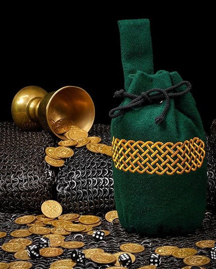 Mythrojan Drawstring Belt Pouch Renaissance Costume Accessories Medieval Woolen Celtic Embroidery Bag Jewelry Pouch Coin Purse for LARP, Festivals, Renfaire, Reenactments - Green, 8" x 6.5"