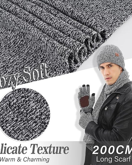 FZ FANTASTIC ZONE Mens Winter Knit Hat Beanie Long Neck Scarf Touchscreen Gloves Set Fleece Skull Caps Gifts for Men Women