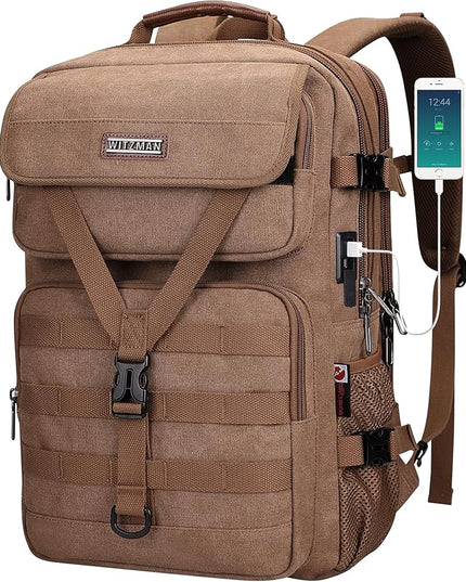 WITZMAN Travel Backpack for Men Large Canvas Laptop Backpack Fit 16 inch Carry on TSA Friendly Flight Approved Vintage Rucksack for Traveling(A8012 Brown)