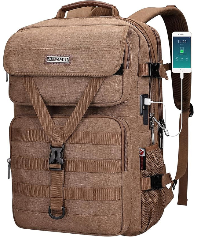 WITZMAN Travel Backpack for Men Large Canvas Laptop Backpack Fit 16 inch Carry on TSA Friendly Flight Approved Vintage Rucksack for Traveling(A8012 Brown)