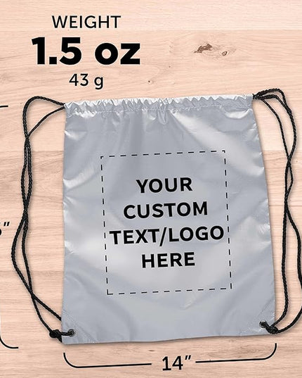 DISCOUNT PROMOS Custom Classic Polyester Drawstring Bagpack Set of 10/50/100, Personalized Bulk Pack - Great for Travelling, Gym and for Everyday Use - Silver
