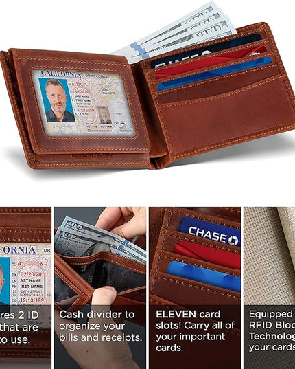 SERMAN BRANDS 2 ID Window Wallet for Men RFID Blocking Leather, Bifold Top Flip, Extra Capacity Travel Wallet