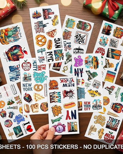 100 PCS New York Stickers Pack NYC Travel Vinyl Waterproof Sticker for Teens Adults Aesthetic Decal Decorative Funny Graphic Car Decals Water Bottle Helmet Phone Birthday Gifts for Men Women 9 Sheets