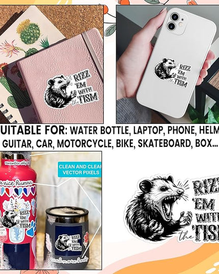 3 Pack Rizz ’Em with The Tism Sticker 2" – Funny Angry Possum Meme Decal – Dark Humor Opossum Sarcastic ADHD Autism Humor Waterproof Vinyl for Laptop Water Bottle Car Gift