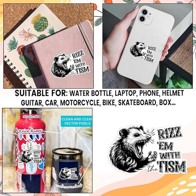 3 Pack Rizz ’Em with The Tism Sticker 2" – Funny Angry Possum Meme Decal – Dark Humor Opossum Sarcastic ADHD Autism Humor Waterproof Vinyl for Laptop Water Bottle Car Gift