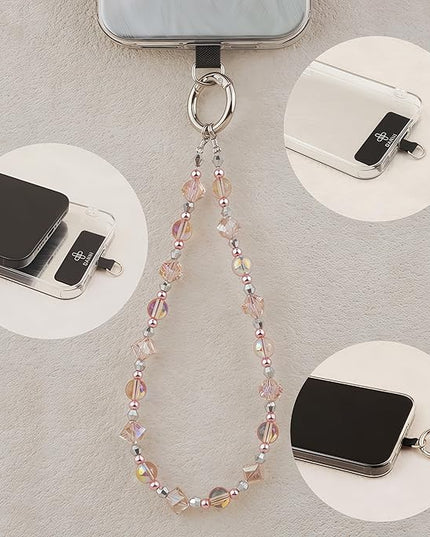 Cell Phone Wrist Strap Crystal Beaded Phone Bracelet Strap For Women Sparkling Beads Wristlet Lanyard Beaded Chain (Sakura Pink)