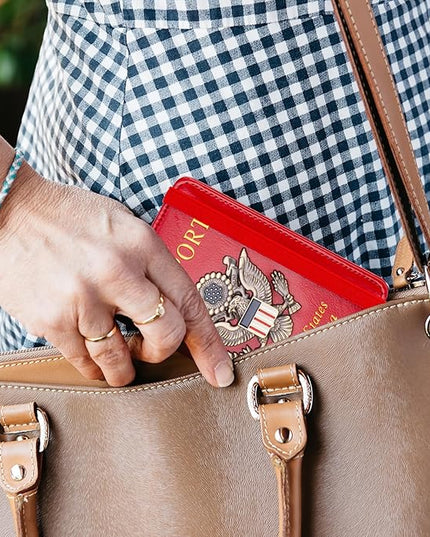 TOURSUIT Rfid Blocking Passport Holder for Women Men, Leather Passport Travel Wallet with Metal 3D Metal Badge, Travel Document Holder Cover Accessories (Red)