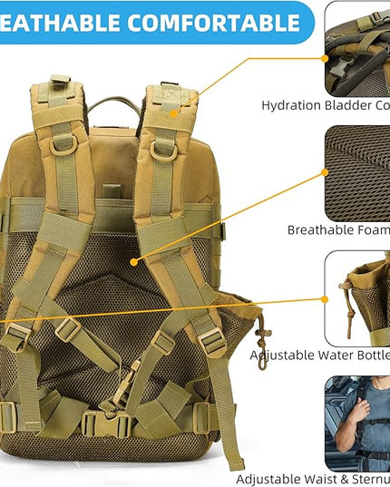 gracedon Tactical Backpack - Military Molle Bag 3 Days Pack for men and Women Large Assault Rucksack 45L (Khaki)