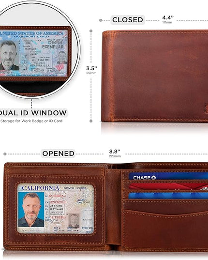 SERMAN BRANDS 2 ID Window Wallet for Men RFID Blocking Leather, Bifold Top Flip, Extra Capacity Travel Wallet