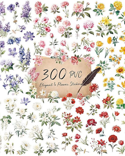300 PCS PVC Flower Stickers, Self-Adhesive PVC Nature Floral Stickers for Scrapbook, Laptop, Journal, DIY Project, Spring Themed Party Decors