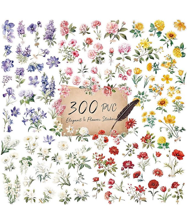300 PCS PVC Flower Stickers, Self-Adhesive PVC Nature Floral Stickers for Scrapbook, Laptop, Journal, DIY Project, Spring Themed Party Decors