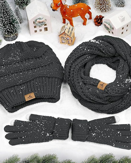 Winter Beanie Hat Scarf Gloves, Warm Fleece Knit Hats Touch Screen Gloves Neck Scarf Set Winter Gifts for Unisex Adult