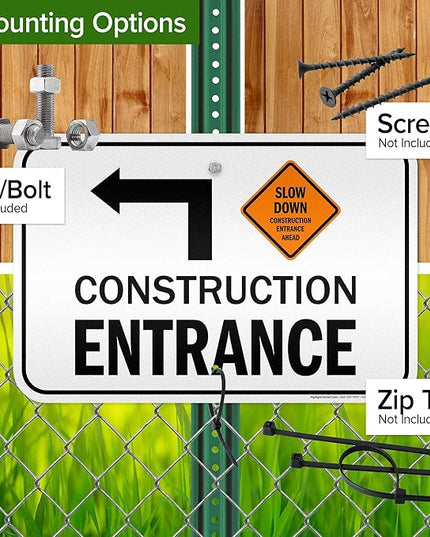 Slow Down Construction Entrance Ahead With Left Arrow Sign, 12x18 Inches, 3M EGP Reflective .063 Aluminum, Fade Resistant, Made in USA by My Sign Center