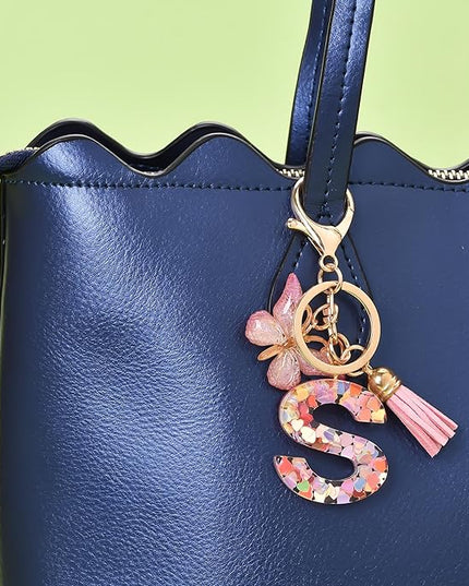 Fashion Alphabet Initial Letter Keychain Tassel Butterfly Pendant Key Ring for Purse Handbags Women Girl