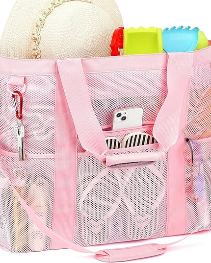 Mesh Beach Bag, Large Beach Tote with Zipper Pocket, Toys Pool Bag for Family Travel Vacation Cruise Essentials