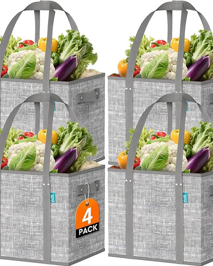 Fab totes Reusable Grocery Bags, Large Foldable Shopping Tote Bags with Reinforced Handles & Hard Bottom,4 Pack, Grey