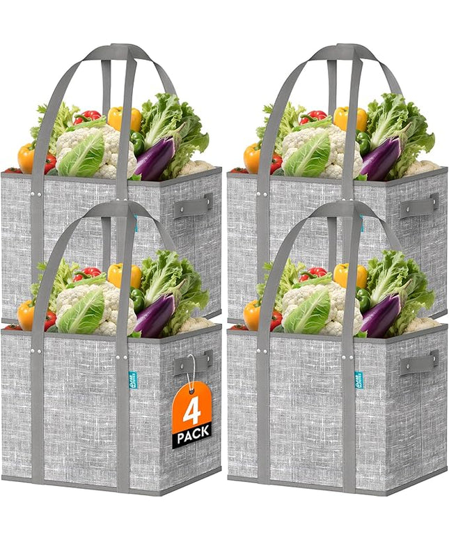 Fab totes Reusable Grocery Bags, Large Foldable Shopping Tote Bags with Reinforced Handles & Hard Bottom,4 Pack, Grey