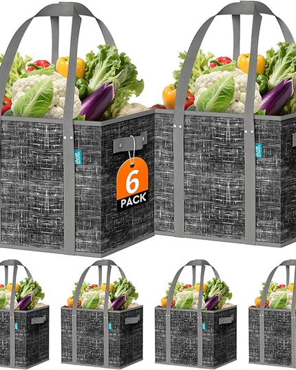 Fab totes Reusable Grocery Bags, Large Foldable Shopping Tote Bags with Reinforced Handles & Hard Bottom,Water Resistant Grocery Bags for kitchen,Picnic,6 Pack, Black