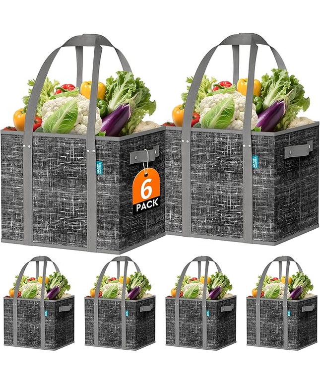 Fab totes Reusable Grocery Bags, Large Foldable Shopping Tote Bags with Reinforced Handles & Hard Bottom,Water Resistant Grocery Bags for kitchen,Picnic,6 Pack, Black