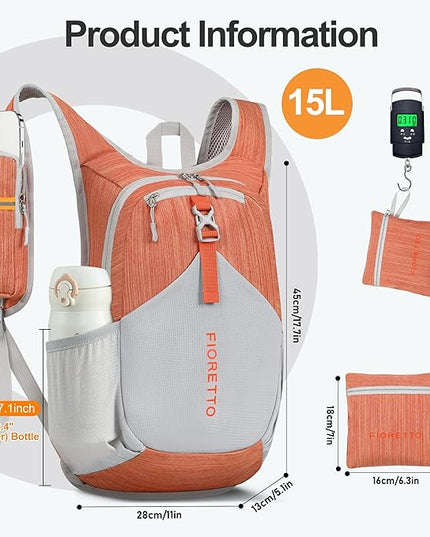 FIORETTO 15L Hiking Backpack for Women Men Mini Packable Backpack Lightweight Small Daypack for Camping Travel Outdoor, Orange