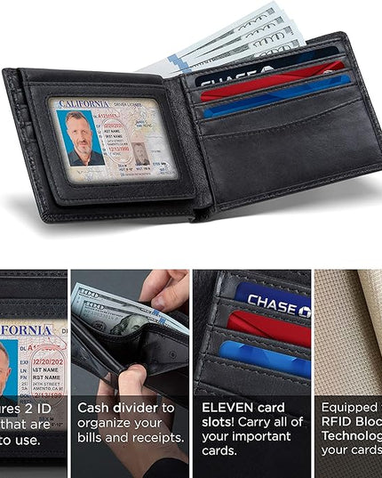 SERMAN BRANDS 2 ID Window Wallet for Men RFID Blocking Leather, Bifold Top Flip, Extra Capacity Travel Wallet