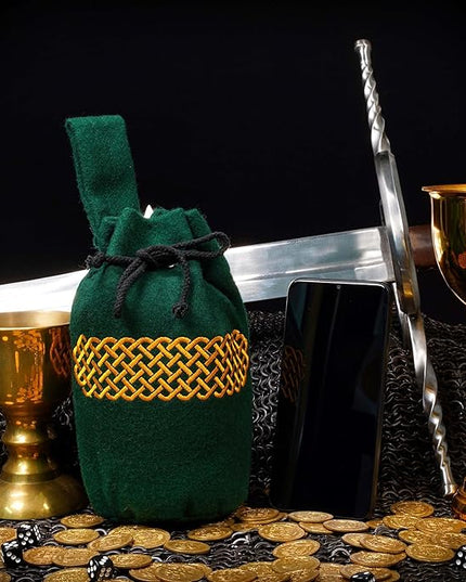 Mythrojan Drawstring Belt Pouch Renaissance Costume Accessories Medieval Woolen Celtic Embroidery Bag Jewelry Pouch Coin Purse for LARP, Festivals, Renfaire, Reenactments - Green, 8" x 6.5"