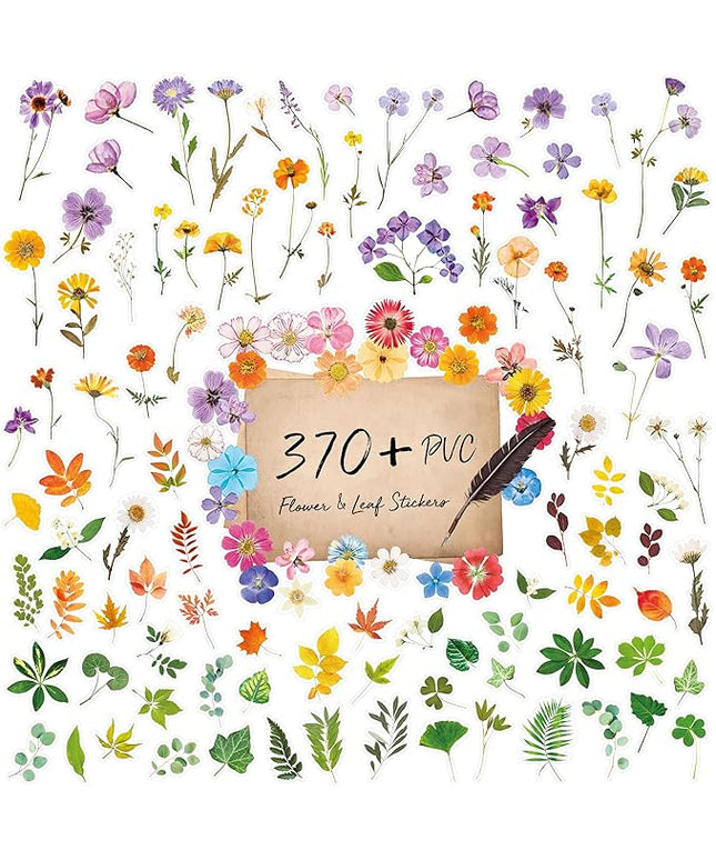 370+ PCS PVC Flower Stickers, Self-Adhesive PVC Greenery Stickers Nature Plant Decals for Scrapbook, Laptop, Journal, DIY Project, Spring Themed Party Decors