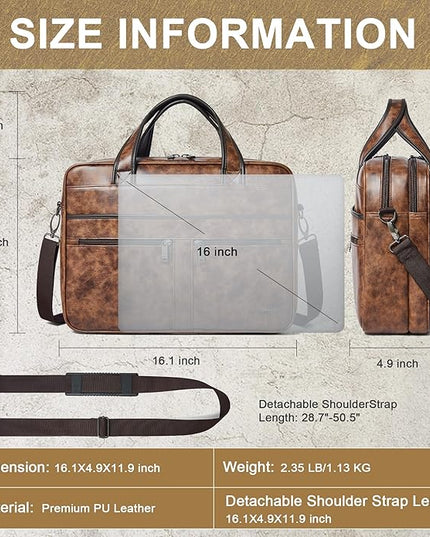 Shrrie Leather Messenger Bag for Men&Women 16 inch Laptop Bag,Water-Resistant Retro Leather Briefcase for Men Business,Work