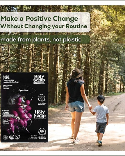 Large Compostable Trash Bags - 10-13 Gallon, 100 Pack, 100% Plastic-Free Decomposing Easy-Tie Trash Can Bags & Liners, Thick Kitchen, Bathroom & Backyard Bin Bags for Food & Green Waste