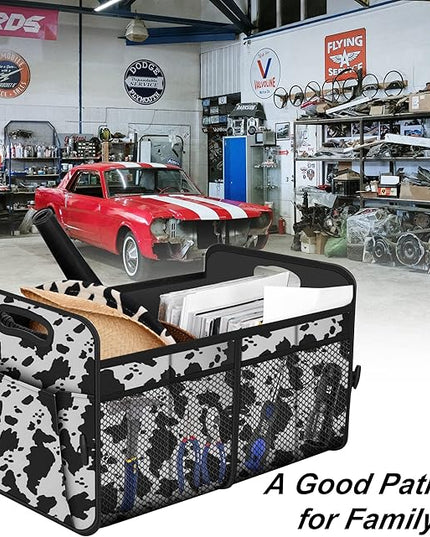 Femuar Car Trunk Organizer,Car Storage Organizer with 72L Large Capacity Waterproof Collapsible and 11 Pockets,Trunk Organizer for Car Suv/Jeep/Sedan, Large Size, Cow print