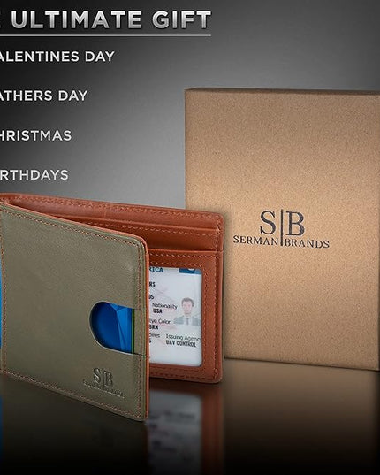 SERMAN BRANDS RFID Blocking Slim Bifold Genuine Leather Thin Minimalist Front Pocket Wallets for Men Billfold Wallet Men Gift
