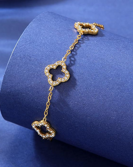 CLAIRETTE Premium PVD Gold-Plated Clover Lucky Bracelet for Women Flower Four Leaf Link Bracelets Trendy Jewelry Gifts for Women