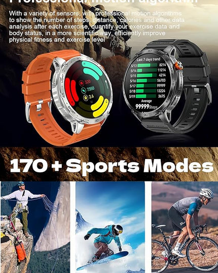 Military Smart Watch, 1.75" Crystal Ultra-Clear AMOLED Display,Spo2 Blood Oxygen Heart Rate Monitor Super Long Standby 730mAh Battery, Bluetooth Calling,LED Flashlight,IP68 Waterproof (Black)
