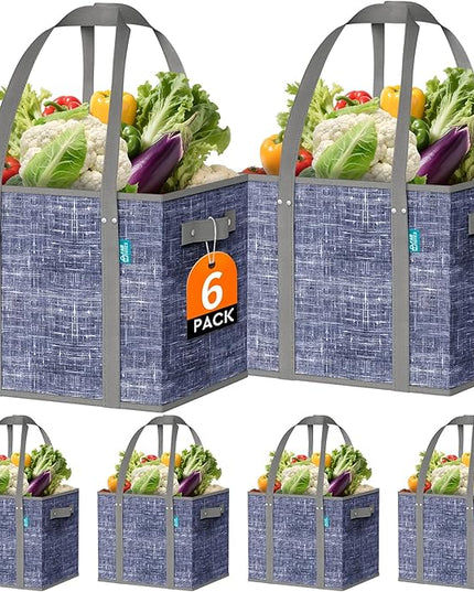 Fab totes Reusable Grocery Bags, Large Foldable Shopping Tote Bags with Reinforced Handles & Hard Bottom, Heavy Duty Water Resistant Shopping Grocery Bags for kitchen,Picnic,6 Pack,Blue
