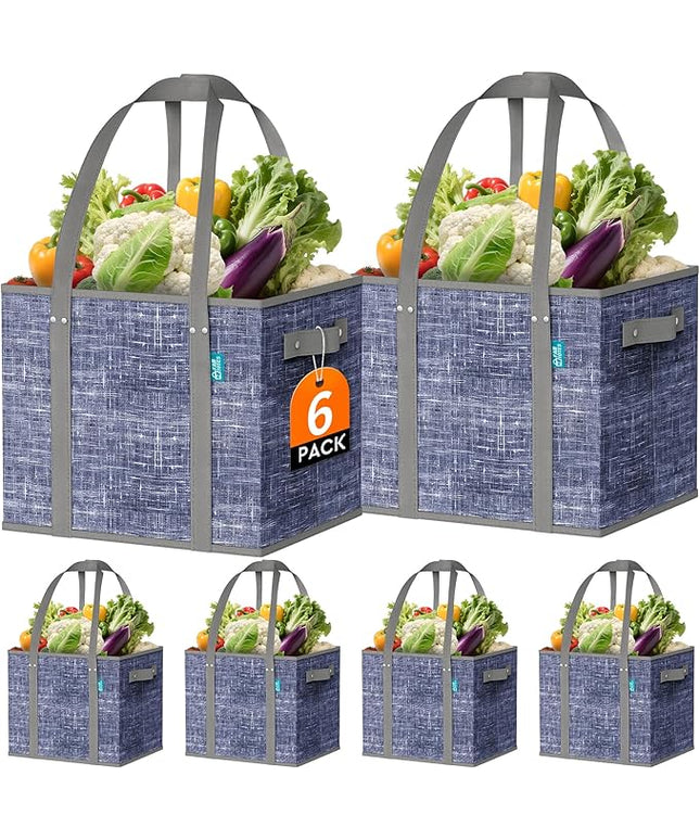 Fab totes Reusable Grocery Bags, Large Foldable Shopping Tote Bags with Reinforced Handles & Hard Bottom, Heavy Duty Water Resistant Shopping Grocery Bags for kitchen,Picnic,6 Pack,Blue
