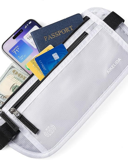 RFID Blocking Money Belt - Passport Holder & Travel Wallet, Slim Hidden Fanny Packs for Women Men - White