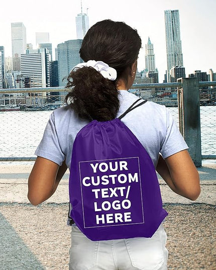 DISCOUNT PROMOS Custom Classic Polyester Drawstring Bagpack Set of 10/50/100, Personalized Bulk Pack - Great for Travelling, Gym and for Everyday Use - Purple