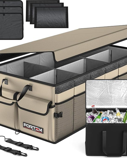 FORTEM Trunk Organizer with Cooler For SUV Car Trunk, Foldable Storage, Car Accessories for Women Men, Collapsible Bag, Perfect Christmas Gifts, 600D Oxford, Non Slip Bottom, Straps, Soft Cover (105L)