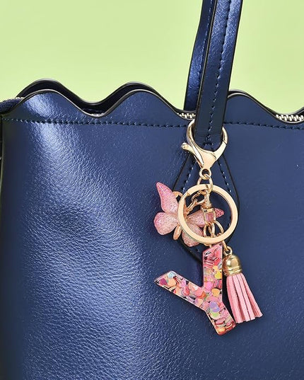 Fashion Alphabet Initial Letter Keychain Tassel Butterfly Pendant Key Ring for Purse Handbags Women Girl