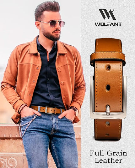 WOLFANT Men's 35mm Dress Casual Belt,100% Italian Full Grain Real Solid Leather