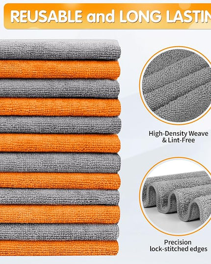 FIXSMITH Microfiber Cleaning Cloth -Pack of 12, Highly Absorbent Cleaning Rags(Grey&Orange), 16"X12" All Purpose Cleaning Towels for Housekeeping, Kitchen, Car, Reusable Microfiber Towels