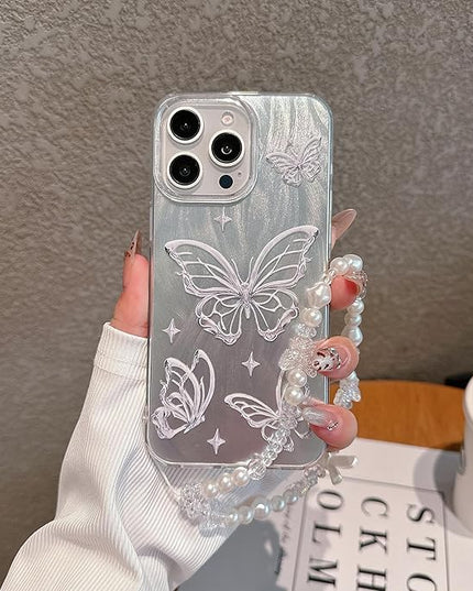 Compatible with iPhone 12 Case PC+TPU Glitter Butterfly Pattern Print, Stylish Design, with Bracelet Wrist Strap, Shockproof, Anti-Drop Case, for Women and Girls